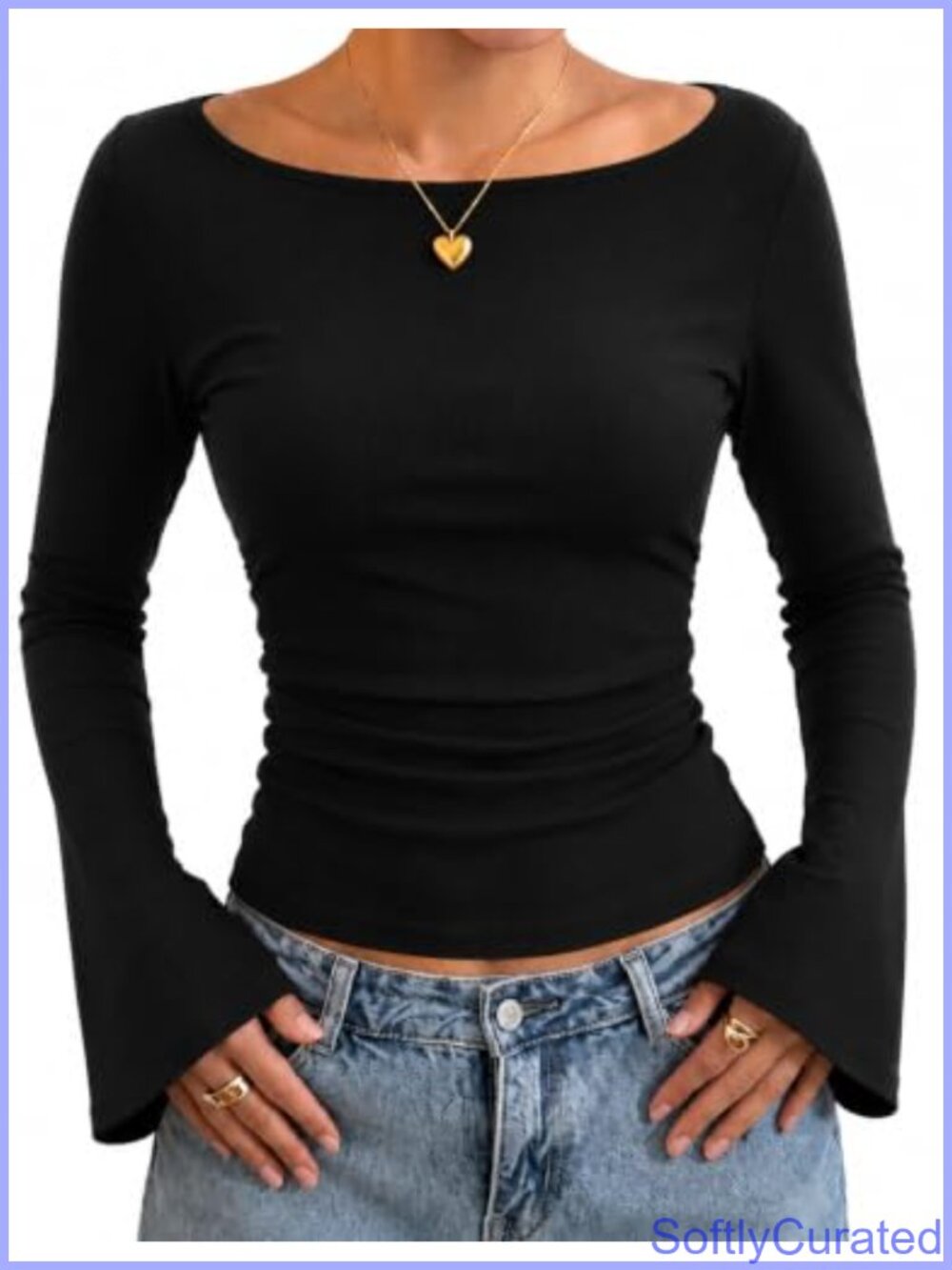 Women's Ribbed Knit Boat Neck Bell Sleeve Top Long Sleeve Y2K Slim Fit